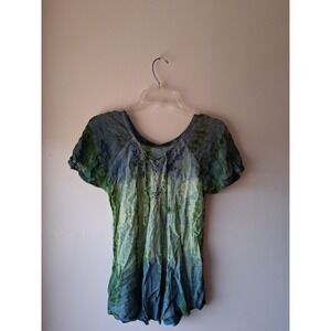 Boho Tie Dye Eyelet Blouse Blue Green Lace Up Sequin Embroidered Festival Top